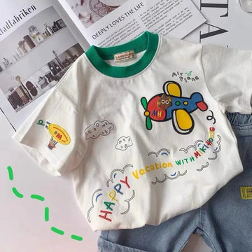 RAISE Summer Children Boys T-shirts Cotton Plane Cartoon Print Short Sleeve Tops For 1-6Y Boys Loose Round Collar Kid Boys Tees