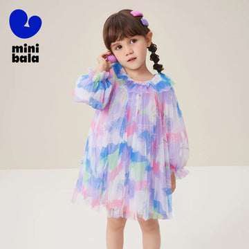 Mini Bala Dress Girls Dress 2024 Spring New Arrival Baby Print Tulle Princess Dress