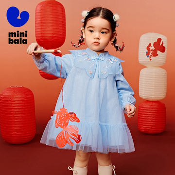 Mini Bala Girls' Dress Baby Clothes Chinese Style Sweet Mesh Dress 2025 New Spring Collection