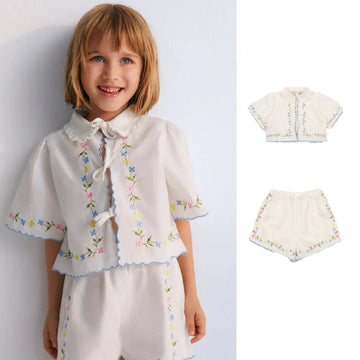 Girls' Top and Pants Set 2025 Summer Denmark New Children's Embroidered Shirt Shorts Casual Children's Clothing