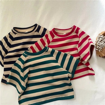 Korean Summer Children Boys T-shirts Cotton Striped Round Collar Infant Babys Boys Tops Loose Versatile Toddler Kids Boys Tees