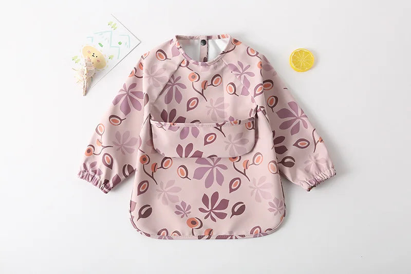 Easy Wear Long Sleeved Bib Baby Toddler Soft PU Bibs Painting Waterproof Meals Protection Washable Easy Clean Smock for Children