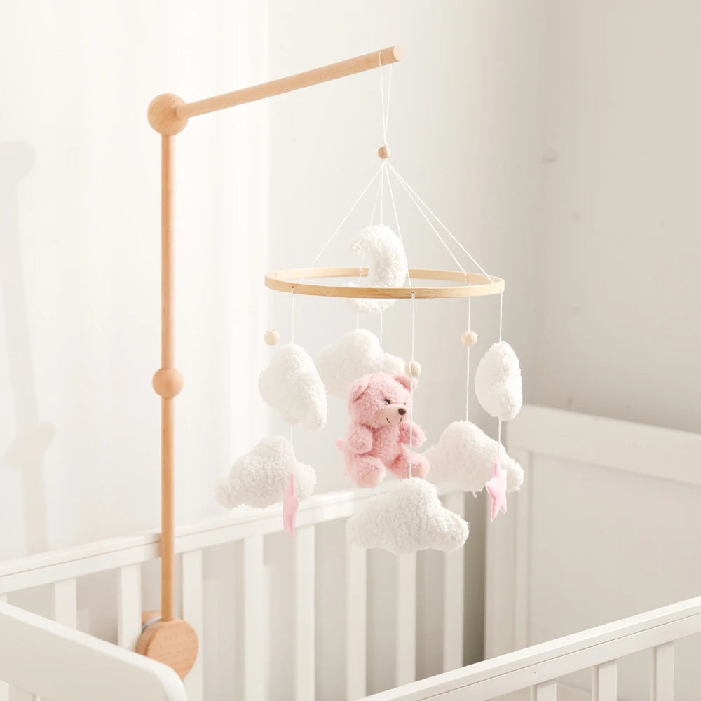 Baby Crib Mobile Wooden Rattle Toy Bed Bell Mobile Hanging Teddy Velvet Bear Doll Toy Newborn Music Box Crib Mobile Bracket Gift