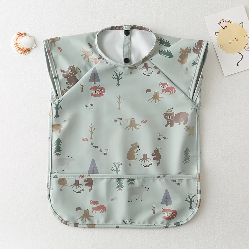Baby Bibs Kids Toddler Long Sleeve Scarf Pu Waterproof Art Smock Cute Fox Boys Girls Apron Pocket Design Infant Feeding Clothes