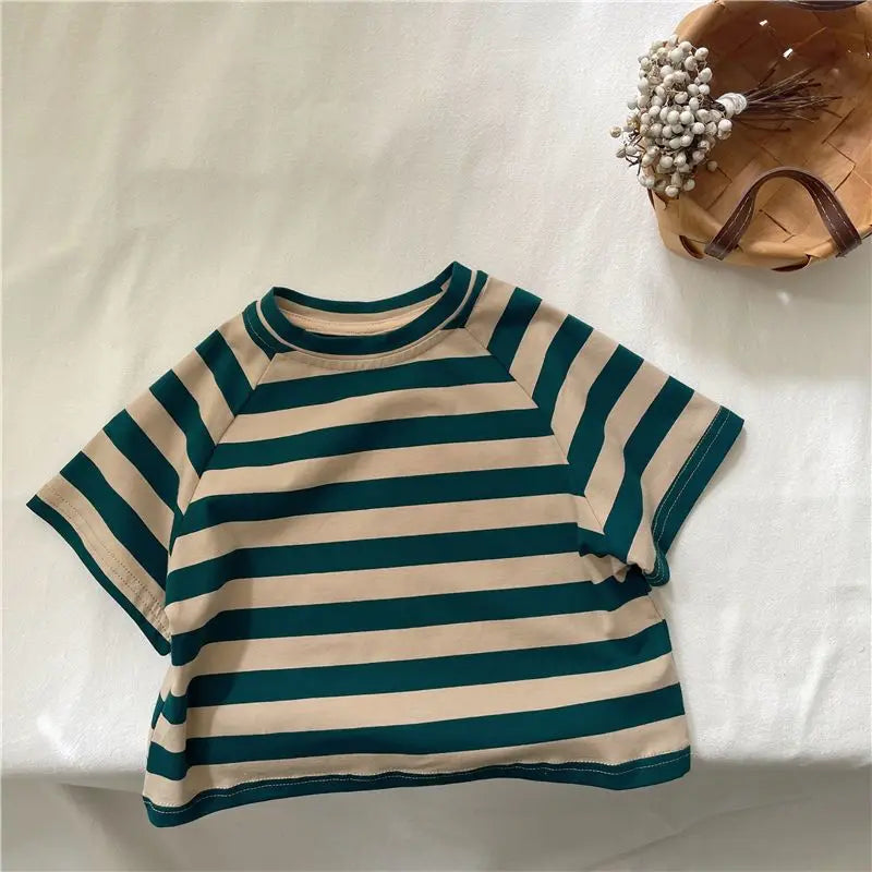 Korean Summer Children Boys T-shirts Cotton Striped Round Collar Infant Babys Boys Tops Loose Versatile Toddler Kids Boys Tees