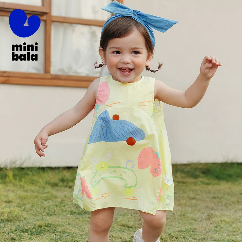 Mini Bala Cotton Sleeveless Dress Baby Girl Breathable Bubble Skirt for Casual Summer Wear