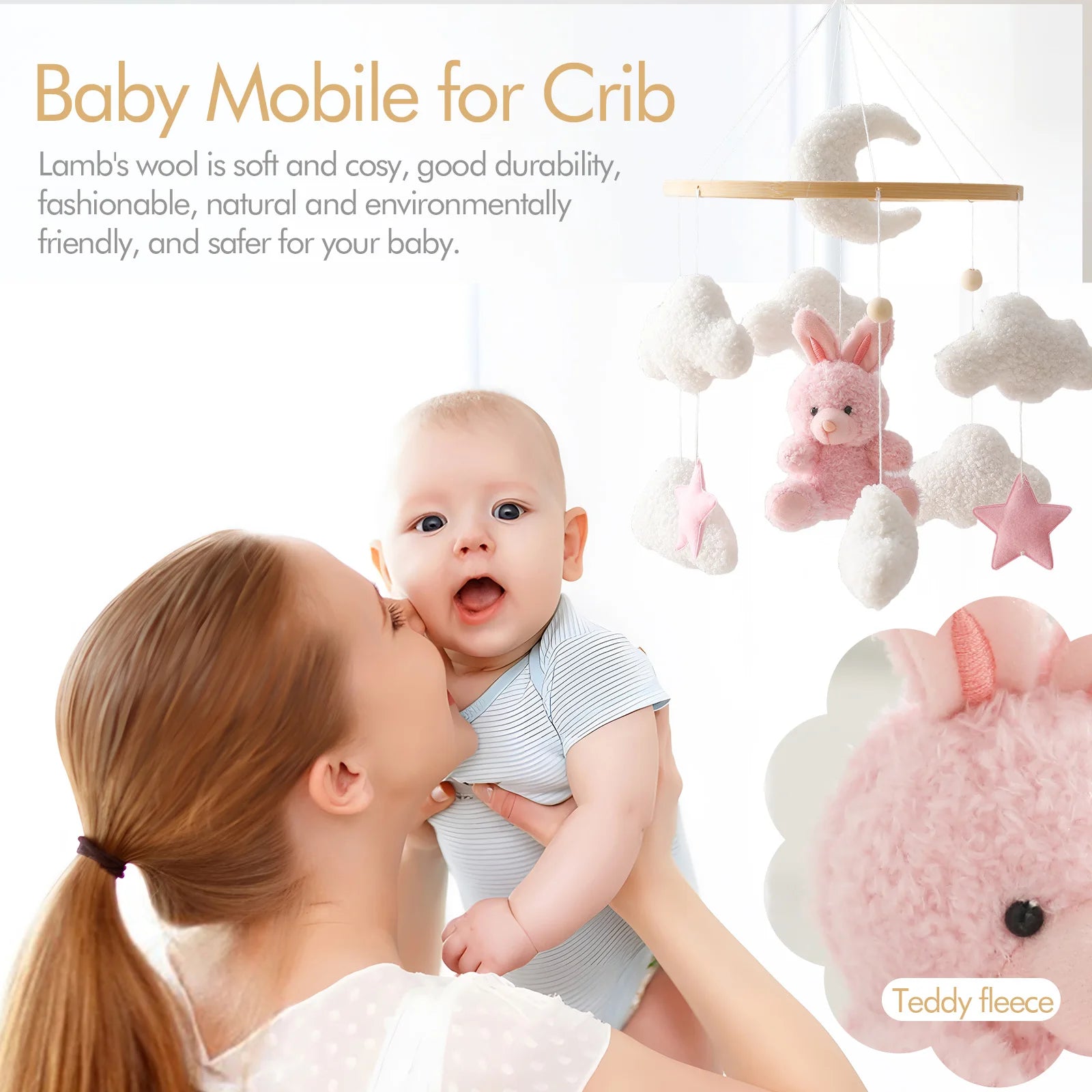 Baby Crib Mobile Wooden Rattle Toy Bed Bell Mobile Hanging Teddy Velvet Bear Doll Toy Newborn Music Box Crib Mobile Bracket Gift