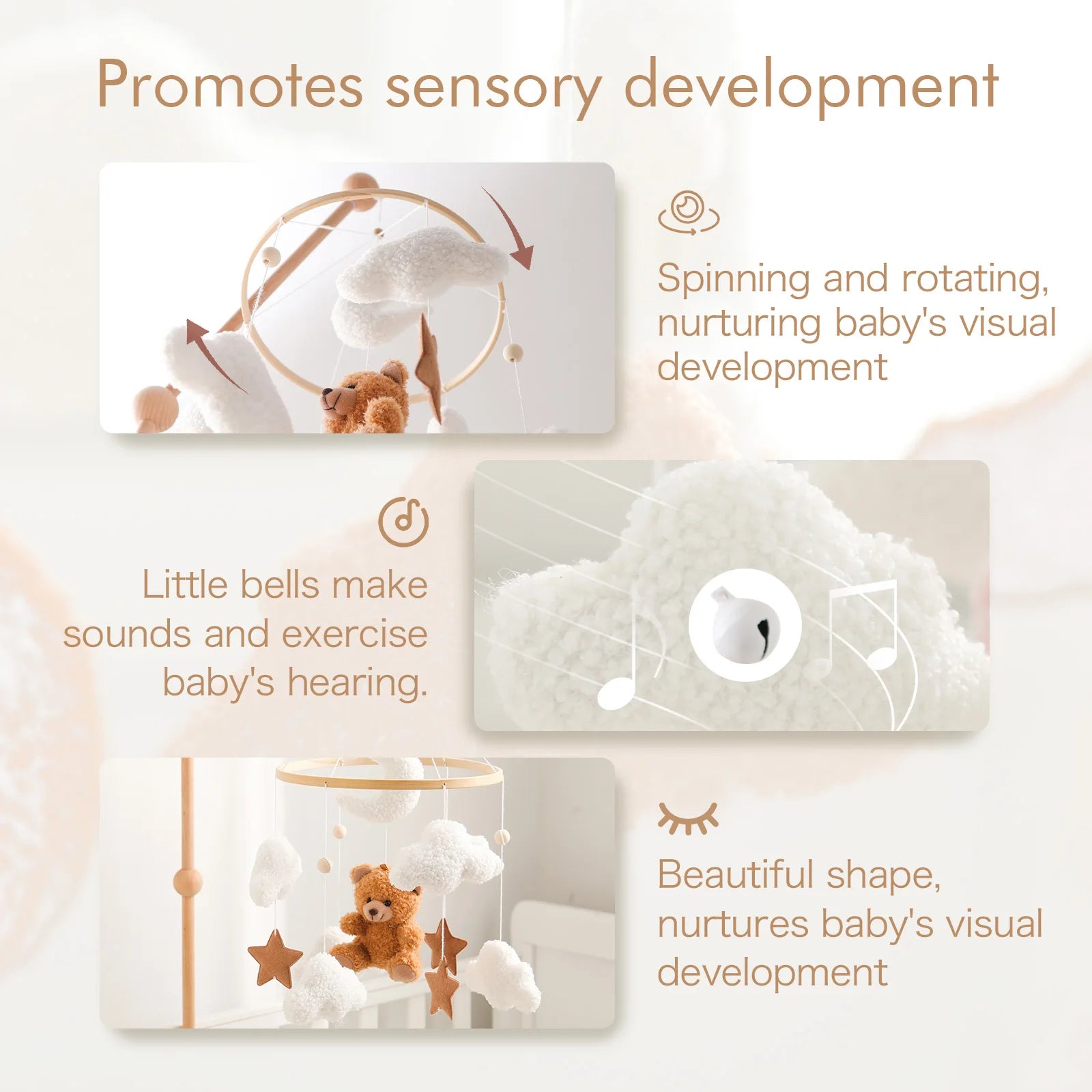 Baby Crib Mobile Wooden Rattle Toy Bed Bell Mobile Hanging Teddy Velvet Bear Doll Toy Newborn Music Box Crib Mobile Bracket Gift