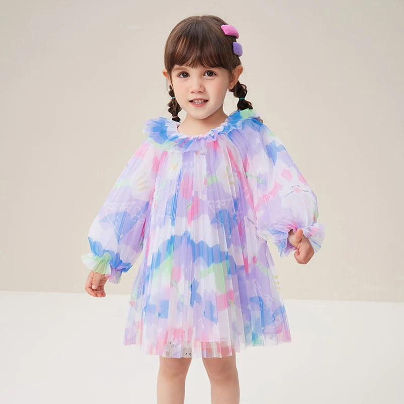 Mini Bala Dress Girls Dress 2024 Spring New Arrival Baby Print Tulle Princess Dress