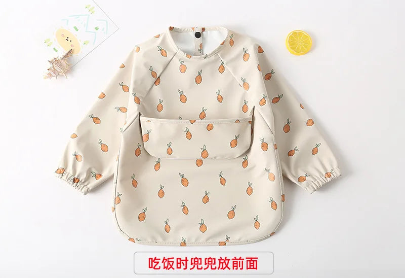Easy Wear Long Sleeved Bib Baby Toddler Soft PU Bibs Painting Waterproof Meals Protection Washable Easy Clean Smock for Children