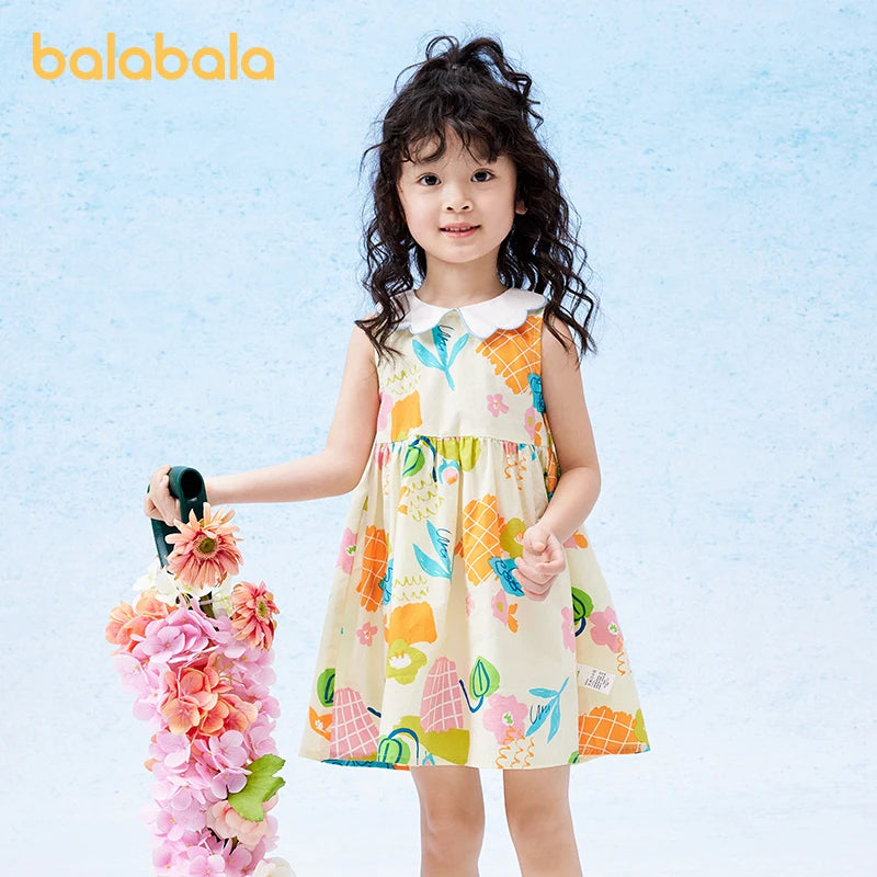 Balabala Dress Girls Dress Baby Children Wear 2024 Summer New Style Children Sleeveless Dress Fresh Floral Print