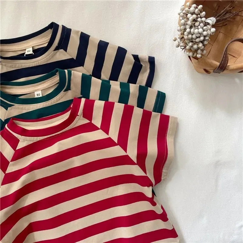 Korean Summer Children Boys T-shirts Cotton Striped Round Collar Infant Babys Boys Tops Loose Versatile Toddler Kids Boys Tees