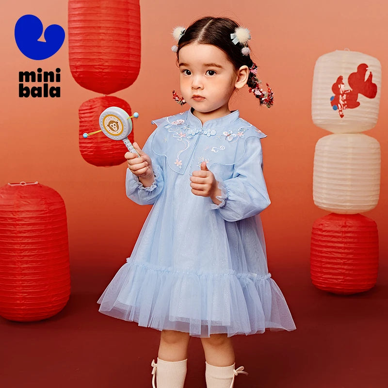 Mini Bala Girls' Dress Baby Clothes Chinese Style Sweet Mesh Dress 2025 New Spring Collection