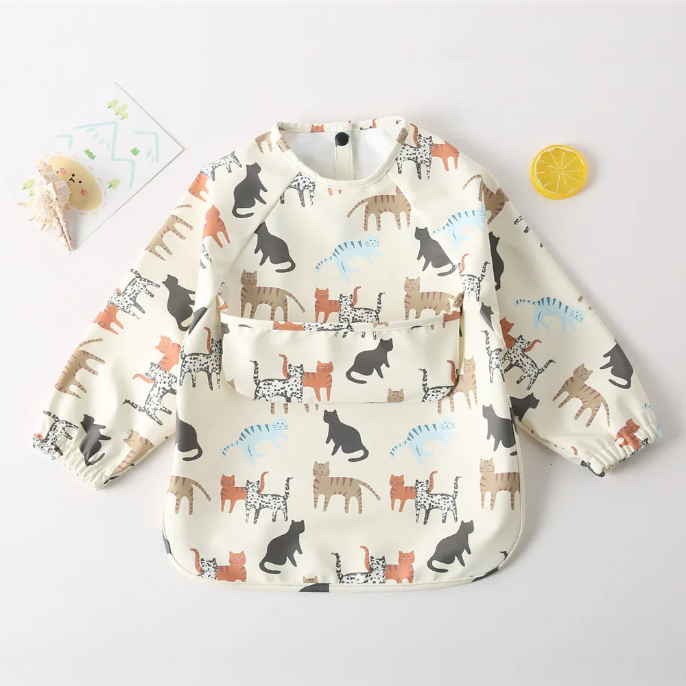 Easy Wear Long Sleeved Bib Baby Toddler Soft PU Bibs Painting Waterproof Meals Protection Washable Easy Clean Smock for Children