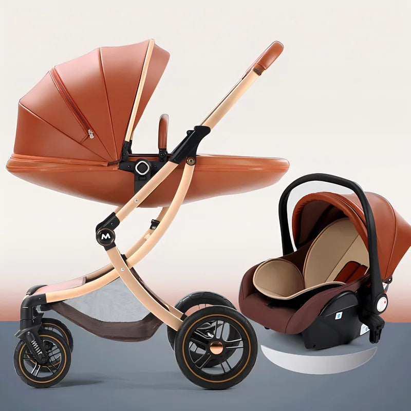 New Egg-shell 3-in-1 Baby Stroller Foldable High-view Baby Stroller with Car Seat Sitting and Lying Baby Stroller Two-way