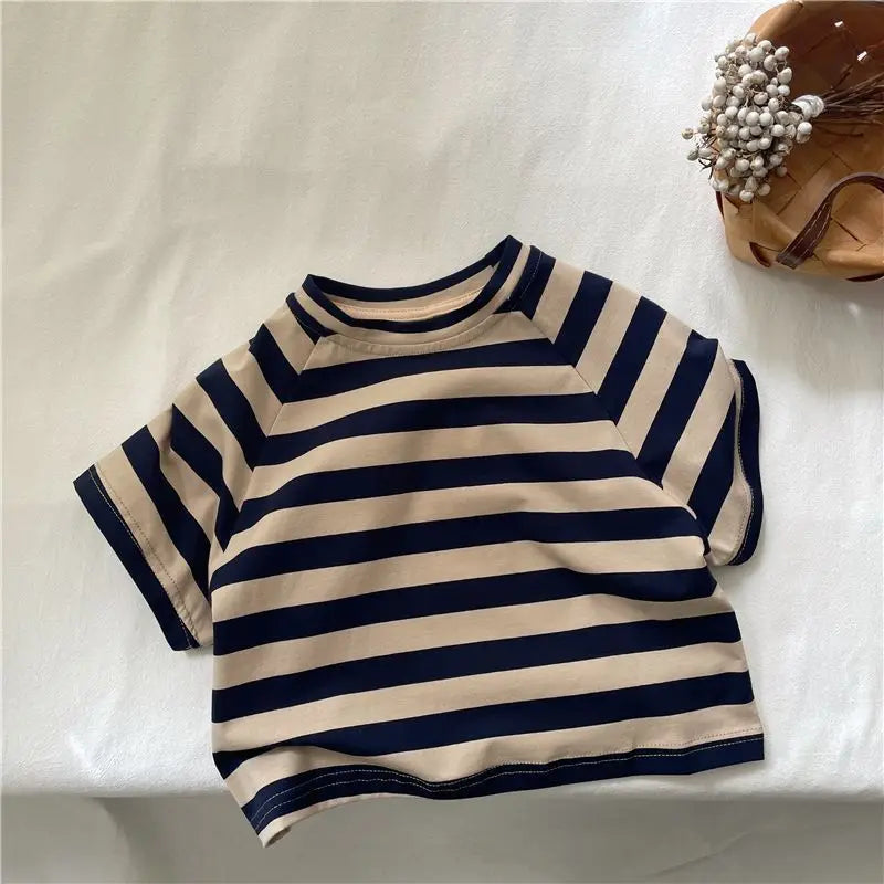 Korean Summer Children Boys T-shirts Cotton Striped Round Collar Infant Babys Boys Tops Loose Versatile Toddler Kids Boys Tees