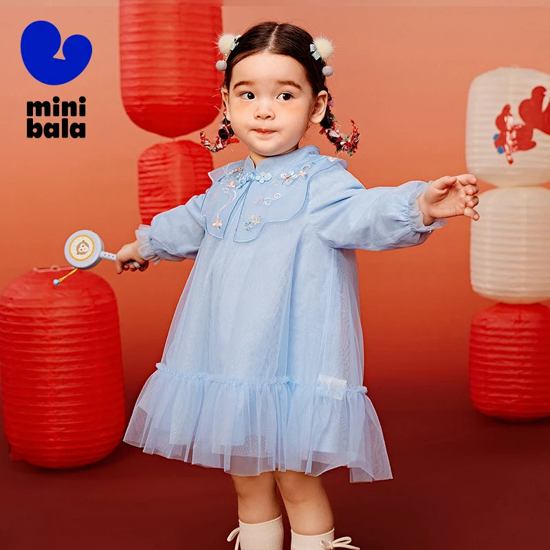 Mini Bala Girls' Dress Baby Clothes Chinese Style Sweet Mesh Dress 2025 New Spring Collection