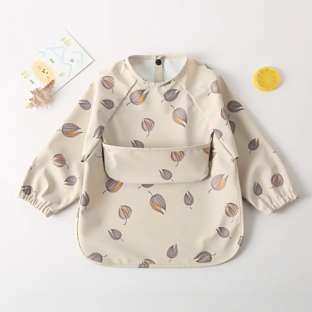Easy Wear Long Sleeved Bib Baby Toddler Soft PU Bibs Painting Waterproof Meals Protection Washable Easy Clean Smock for Children