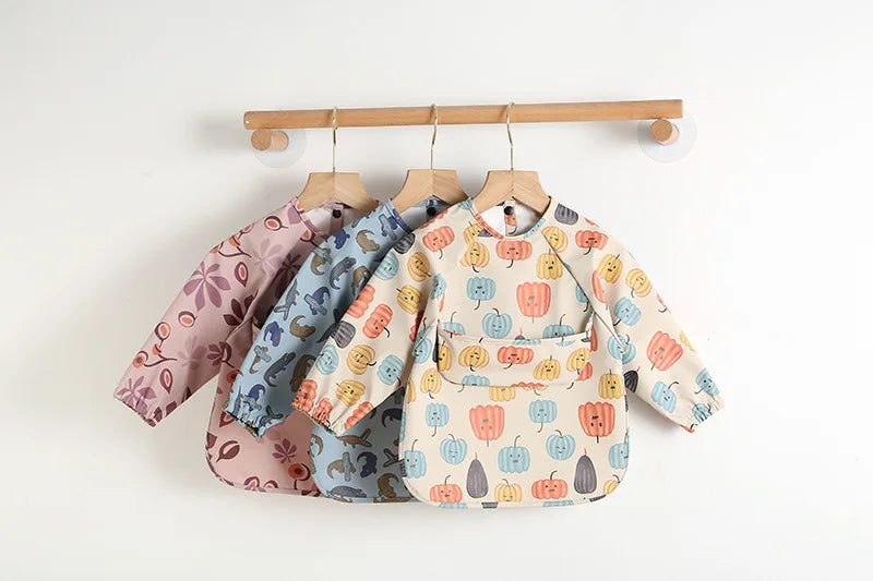 Easy Wear Long Sleeved Bib Baby Toddler Soft PU Bibs Painting Waterproof Meals Protection Washable Easy Clean Smock for Children