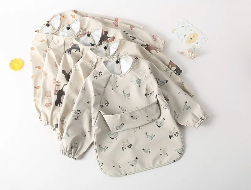 Easy Wear Long Sleeved Bib Baby Toddler Soft PU Bibs Painting Waterproof Meals Protection Washable Easy Clean Smock for Children