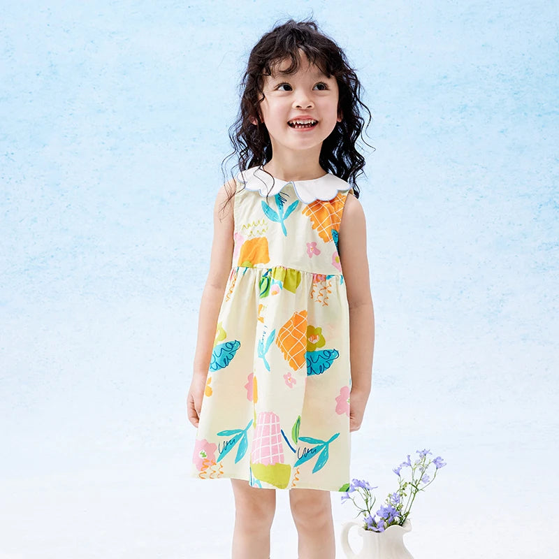 Balabala Dress Girls Dress Baby Children Wear 2024 Summer New Style Children Sleeveless Dress Fresh Floral Print