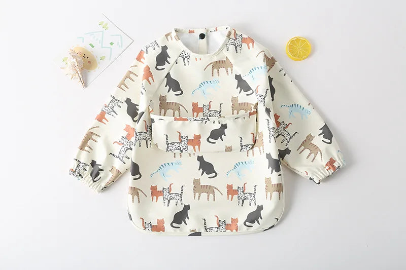 Easy Wear Long Sleeved Bib Baby Toddler Soft PU Bibs Painting Waterproof Meals Protection Washable Easy Clean Smock for Children