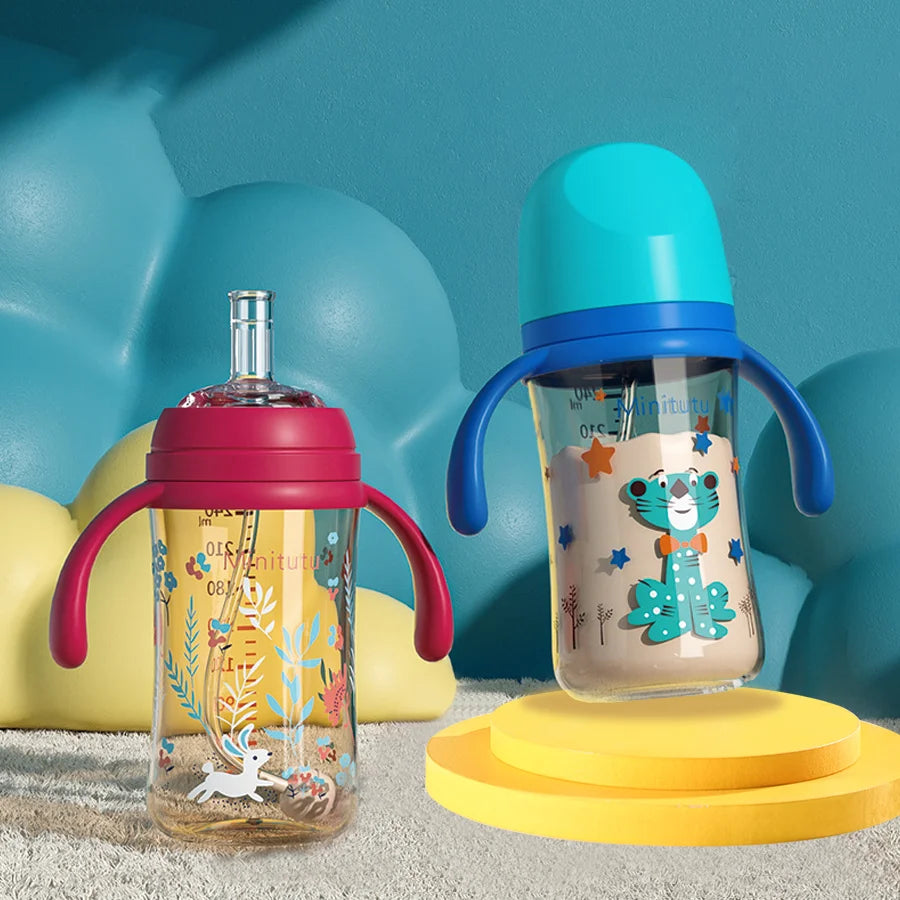 240 ml cup with handle Innovative square water bottle PP material soft liquid silicone straw for babies 6 months and up