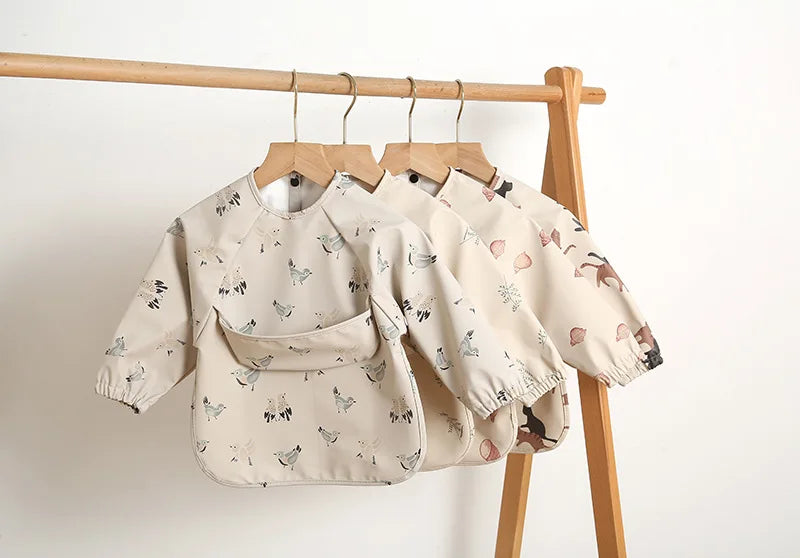Easy Wear Long Sleeved Bib Baby Toddler Soft PU Bibs Painting Waterproof Meals Protection Washable Easy Clean Smock for Children