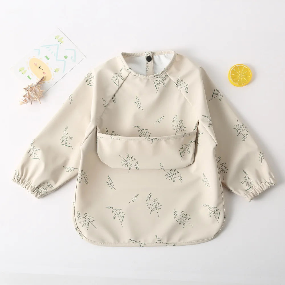 Easy Wear Long Sleeved Bib Baby Toddler Soft PU Bibs Painting Waterproof Meals Protection Washable Easy Clean Smock for Children