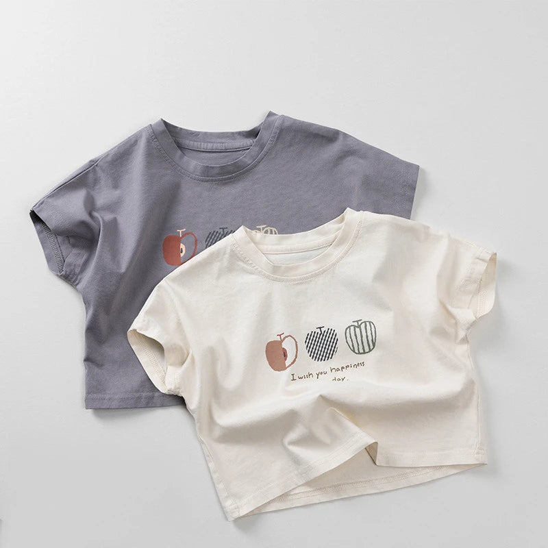 2025 Summer New Girls Short Sleeve T Shirts Children Casual Tops Boys Vintage Apple Print T Shirt Cotton Kids Tee Baby Clothes
