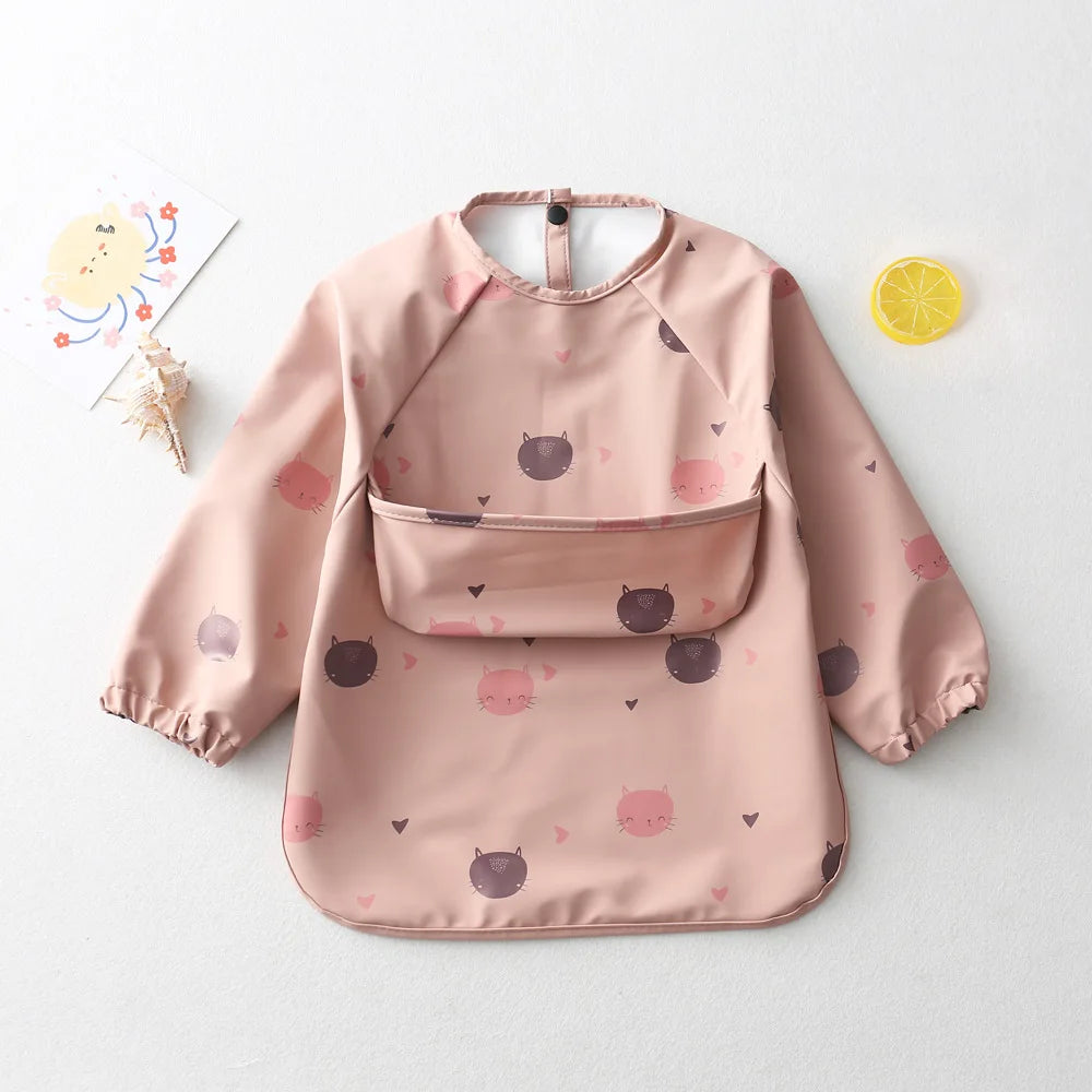 Easy Wear Long Sleeved Bib Baby Toddler Soft PU Bibs Painting Waterproof Meals Protection Washable Easy Clean Smock for Children