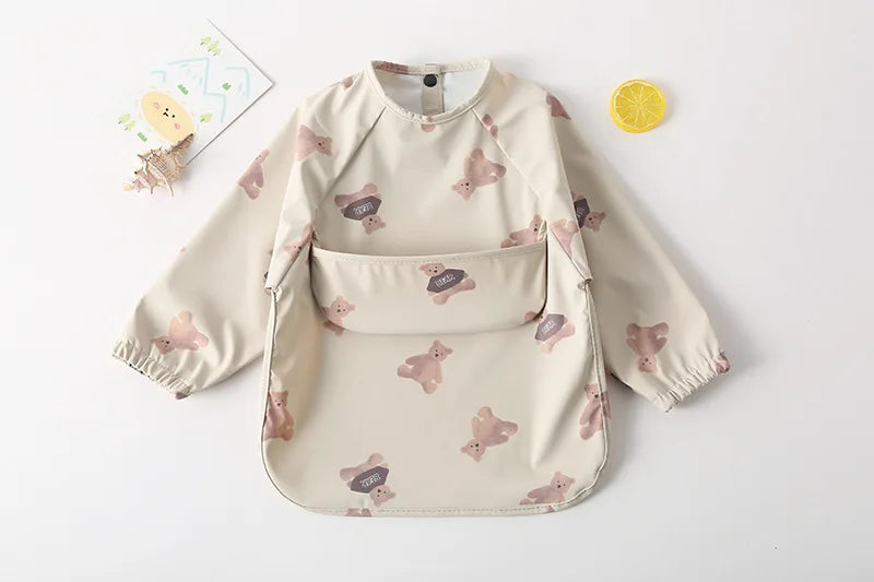 Easy Wear Long Sleeved Bib Baby Toddler Soft PU Bibs Painting Waterproof Meals Protection Washable Easy Clean Smock for Children