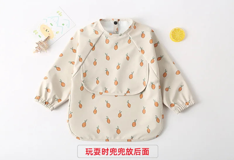 Easy Wear Long Sleeved Bib Baby Toddler Soft PU Bibs Painting Waterproof Meals Protection Washable Easy Clean Smock for Children