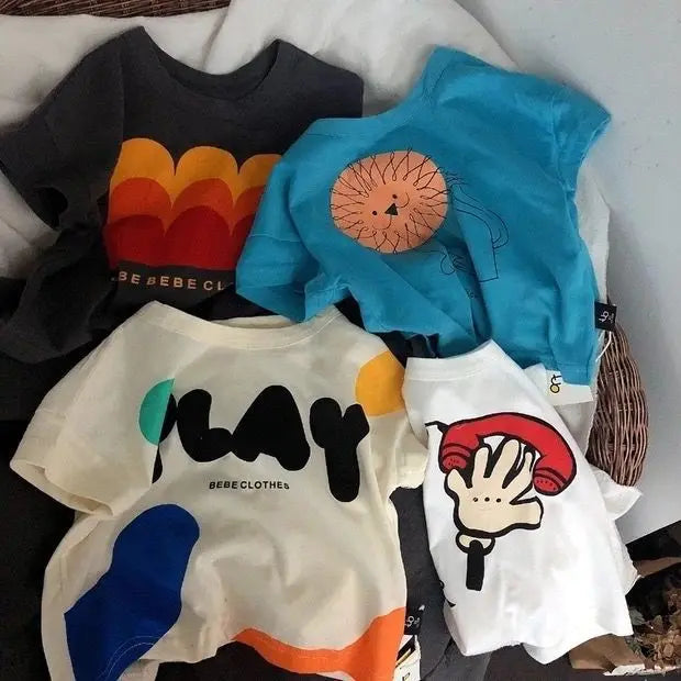 2025 Korean Summer Infant Babys Boys T-shirts Retro Cartoon Toddler Kid Boy Short Sleeve Tees Casual Round Collar Little Boy Top