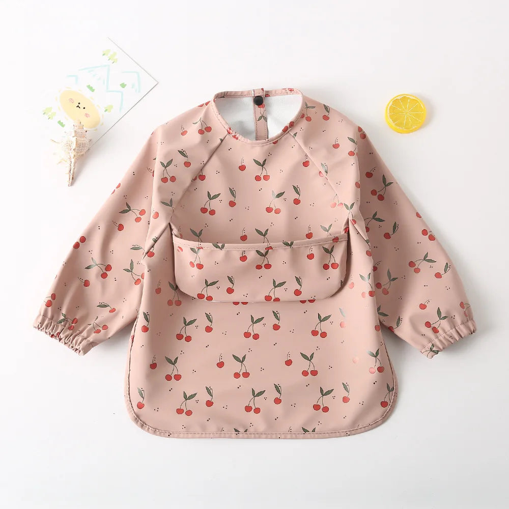 Easy Wear Long Sleeved Bib Baby Toddler Soft PU Bibs Painting Waterproof Meals Protection Washable Easy Clean Smock for Children