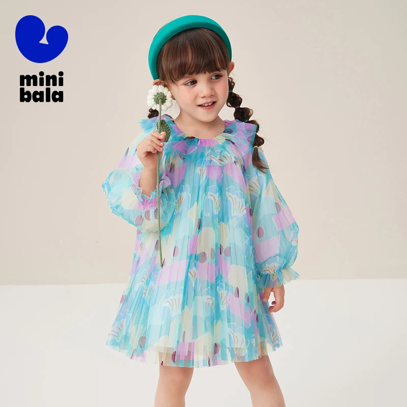 Mini Bala Dress Girls Dress 2024 Spring New Arrival Baby Print Tulle Princess Dress