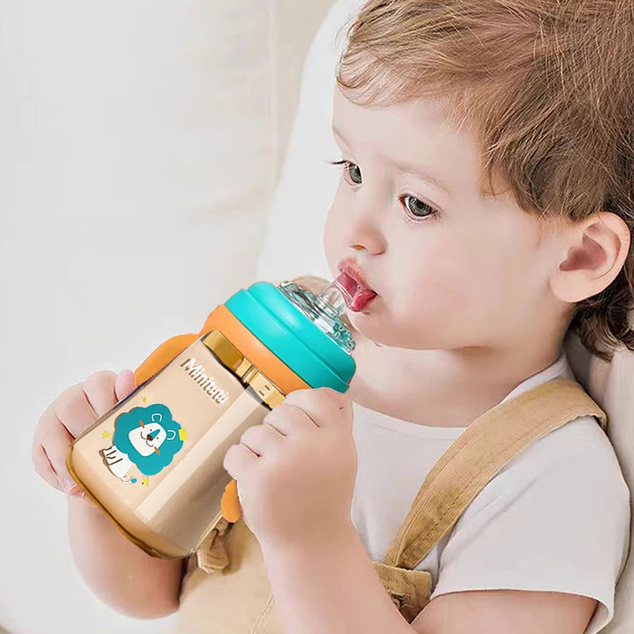 240 ml cup with handle Innovative square water bottle PP material soft liquid silicone straw for babies 6 months and up