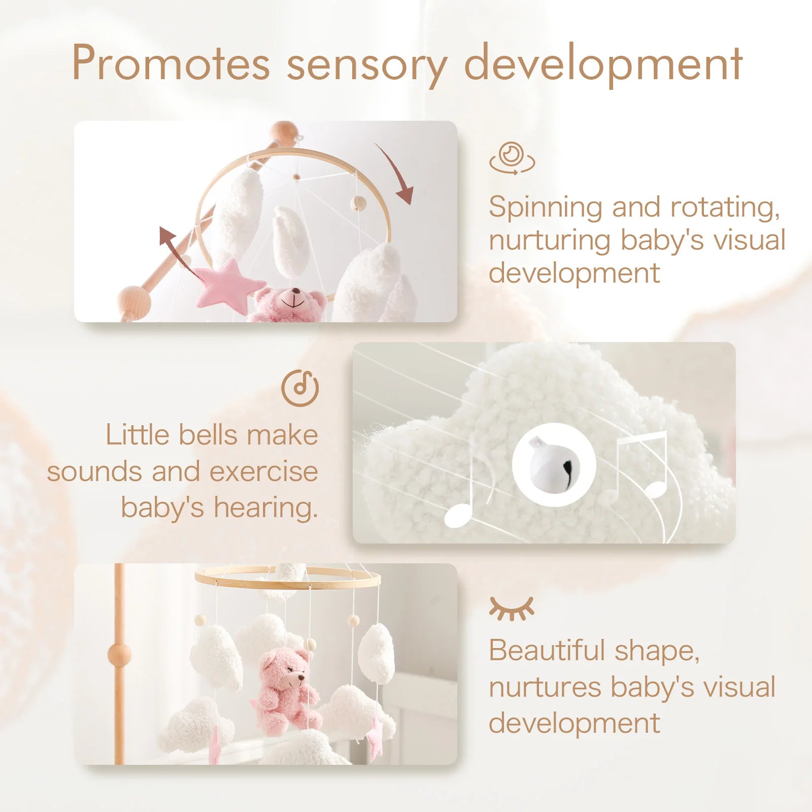 Baby Crib Mobile Wooden Rattle Toy Bed Bell Mobile Hanging Teddy Velvet Bear Doll Toy Newborn Music Box Crib Mobile Bracket Gift
