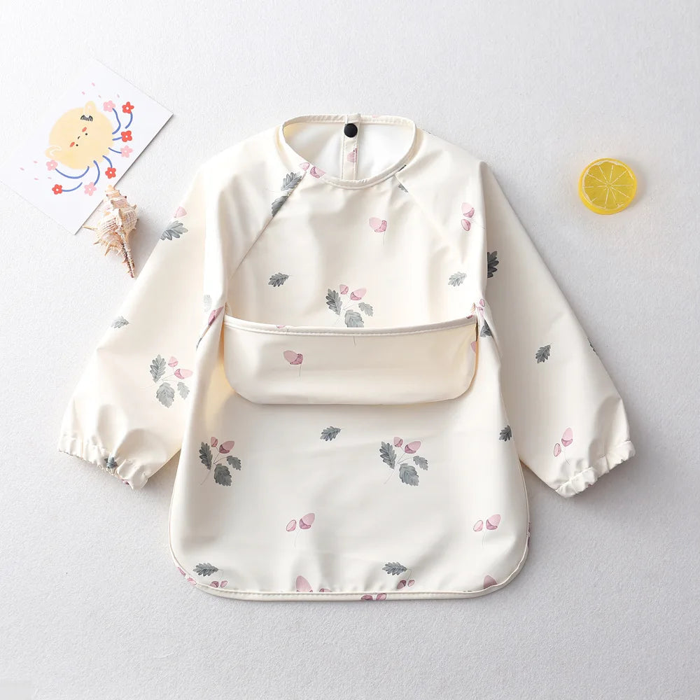 Easy Wear Long Sleeved Bib Baby Toddler Soft PU Bibs Painting Waterproof Meals Protection Washable Easy Clean Smock for Children