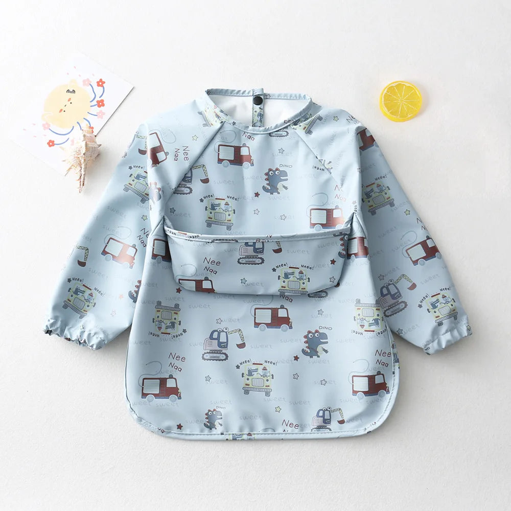Easy Wear Long Sleeved Bib Baby Toddler Soft PU Bibs Painting Waterproof Meals Protection Washable Easy Clean Smock for Children
