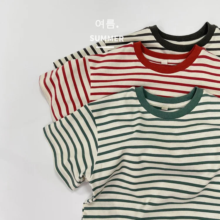Summer Boy Girl Children Thin Sports Casual T-shirt Baby Striped Short Sleeves Tops Kid Cotton Fashion Loose Tees Infant Tshirt