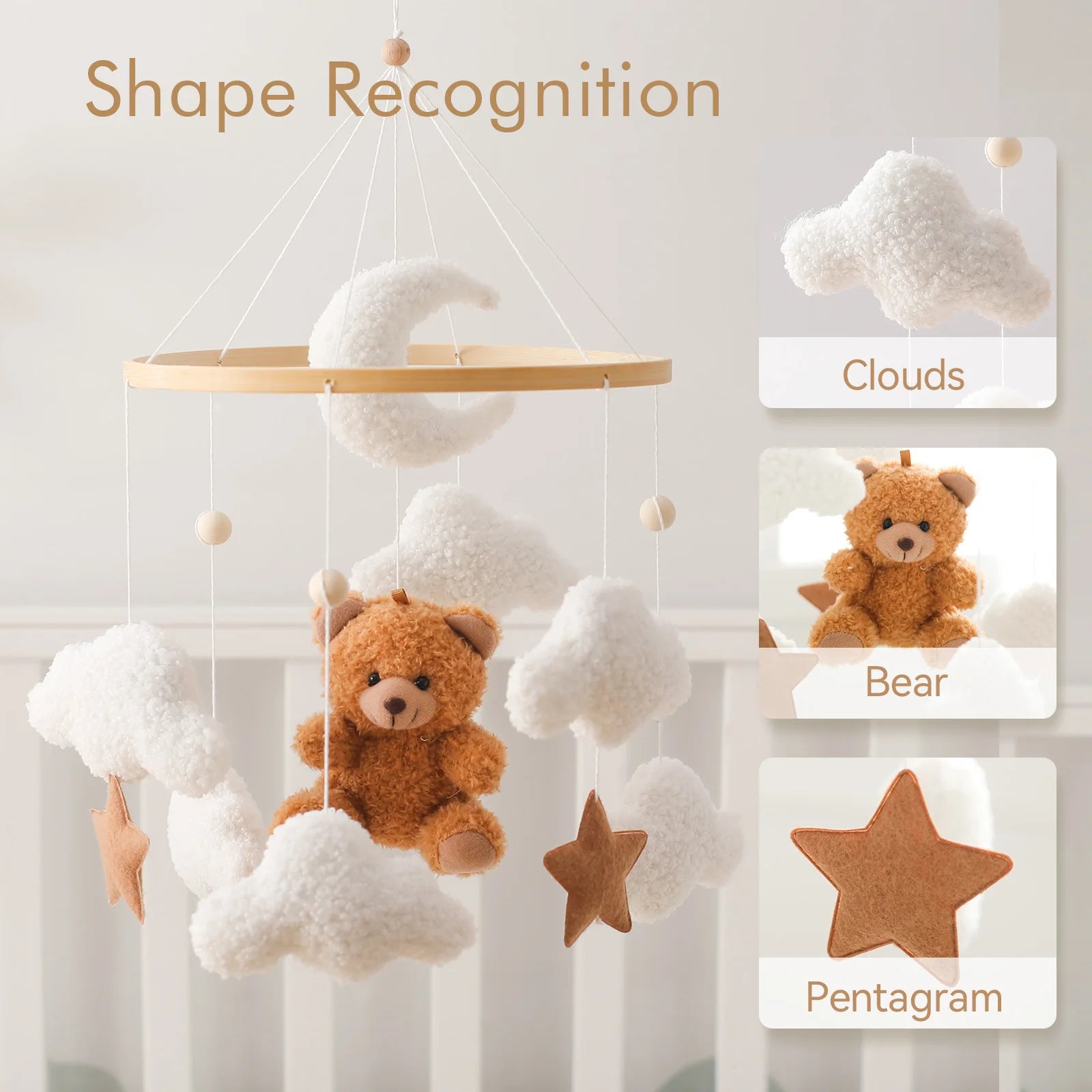 Baby Crib Mobile Wooden Rattle Toy Bed Bell Mobile Hanging Teddy Velvet Bear Doll Toy Newborn Music Box Crib Mobile Bracket Gift