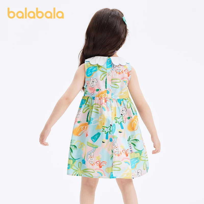 Balabala Dress Girls Dress Baby Children Wear 2024 Summer New Style Children Sleeveless Dress Fresh Floral Print