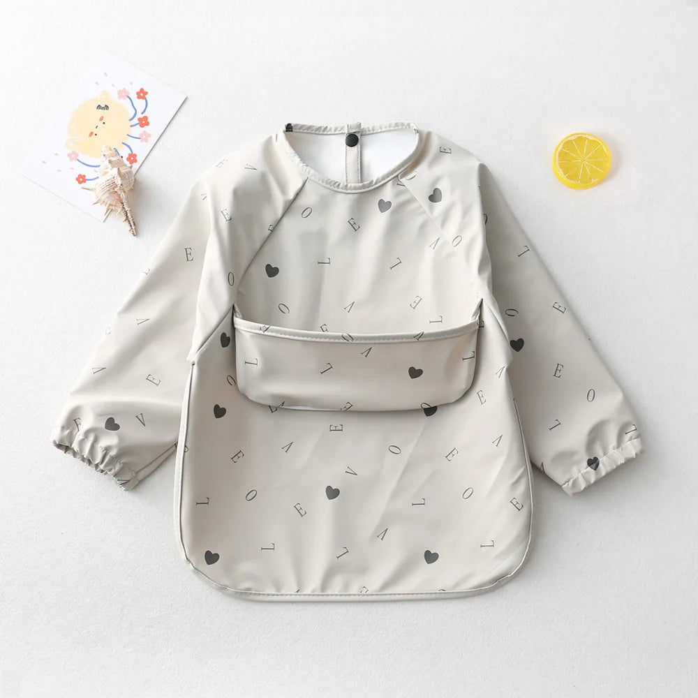 Easy Wear Long Sleeved Bib Baby Toddler Soft PU Bibs Painting Waterproof Meals Protection Washable Easy Clean Smock for Children