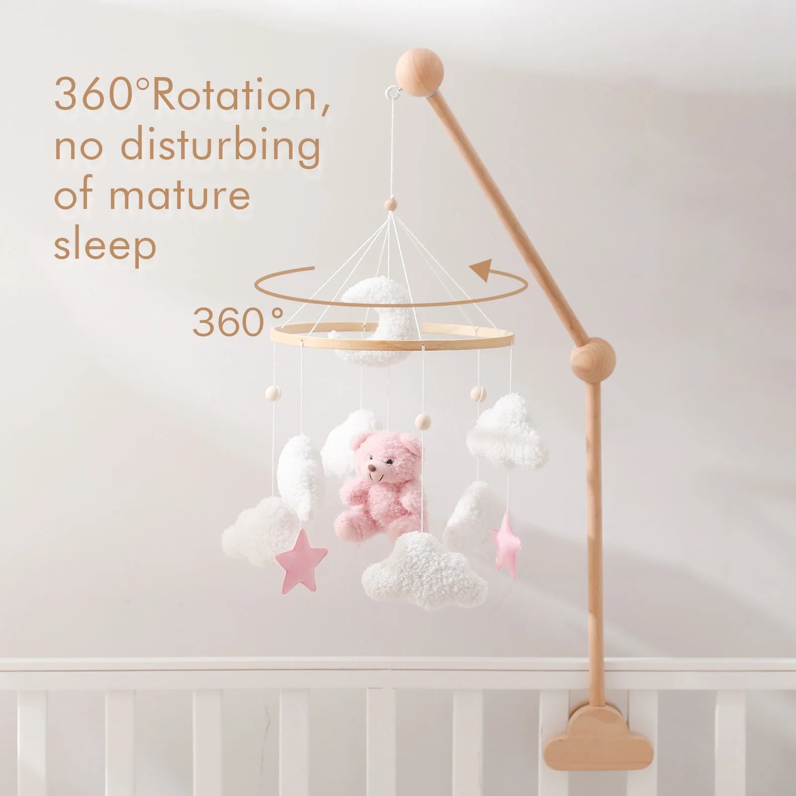 Baby Crib Mobile Wooden Rattle Toy Bed Bell Mobile Hanging Teddy Velvet Bear Doll Toy Newborn Music Box Crib Mobile Bracket Gift