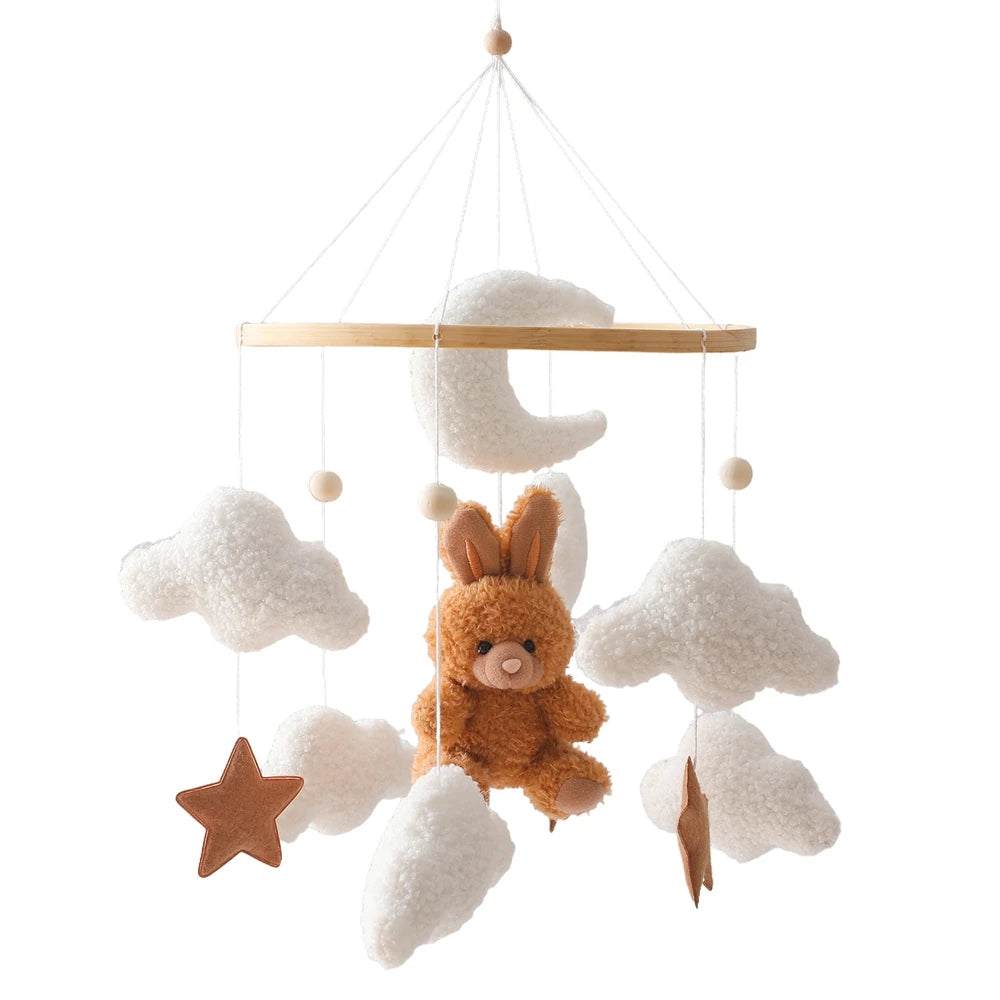 Baby Crib Mobile Wooden Rattle Toy Bed Bell Mobile Hanging Teddy Velvet Bear Doll Toy Newborn Music Box Crib Mobile Bracket Gift