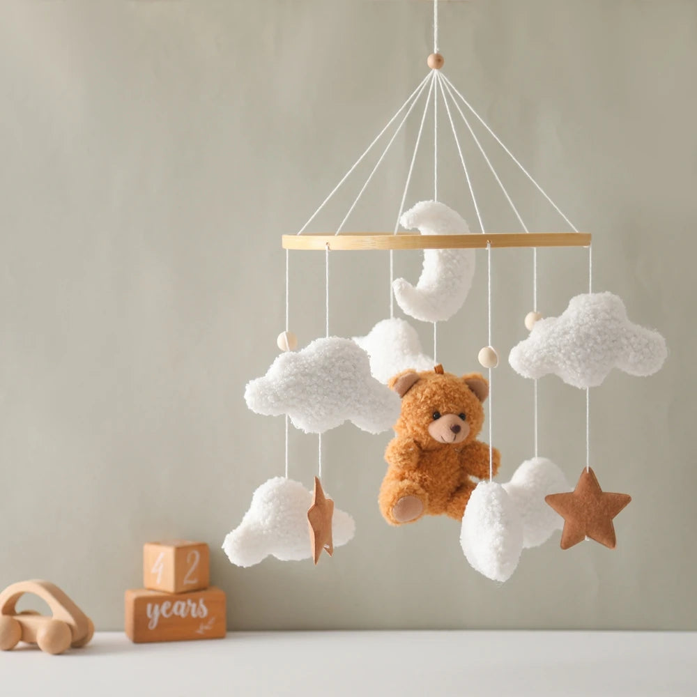 Baby Crib Mobile Wooden Rattle Toy Bed Bell Mobile Hanging Teddy Velvet Bear Doll Toy Newborn Music Box Crib Mobile Bracket Gift
