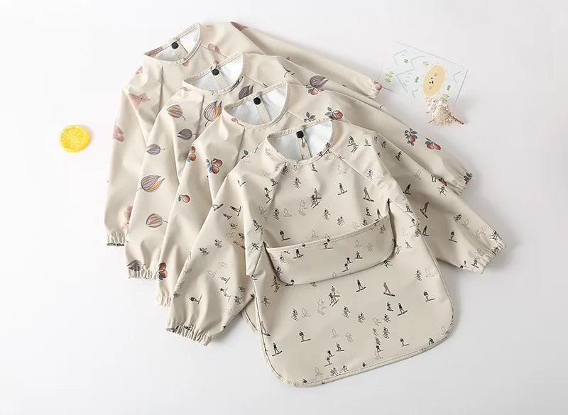 Easy Wear Long Sleeved Bib Baby Toddler Soft PU Bibs Painting Waterproof Meals Protection Washable Easy Clean Smock for Children