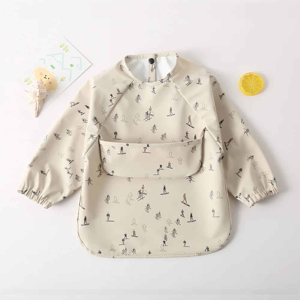 Easy Wear Long Sleeved Bib Baby Toddler Soft PU Bibs Painting Waterproof Meals Protection Washable Easy Clean Smock for Children