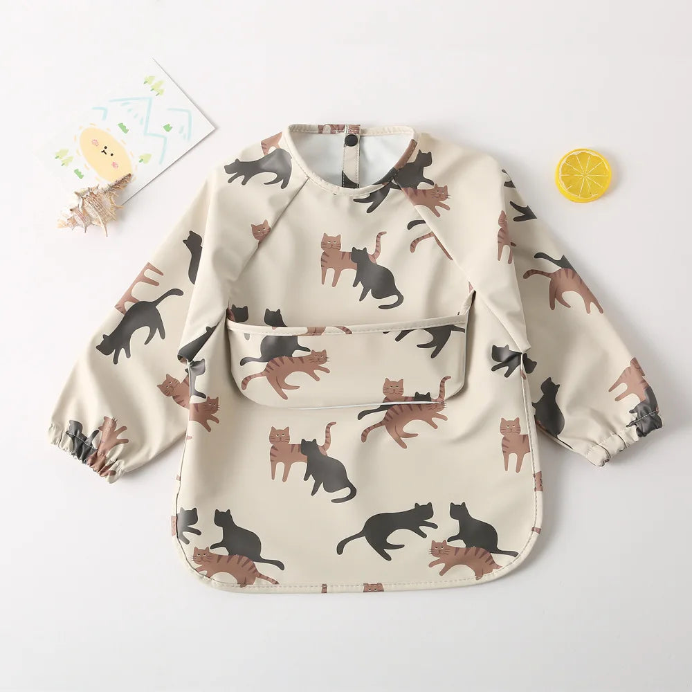 Easy Wear Long Sleeved Bib Baby Toddler Soft PU Bibs Painting Waterproof Meals Protection Washable Easy Clean Smock for Children